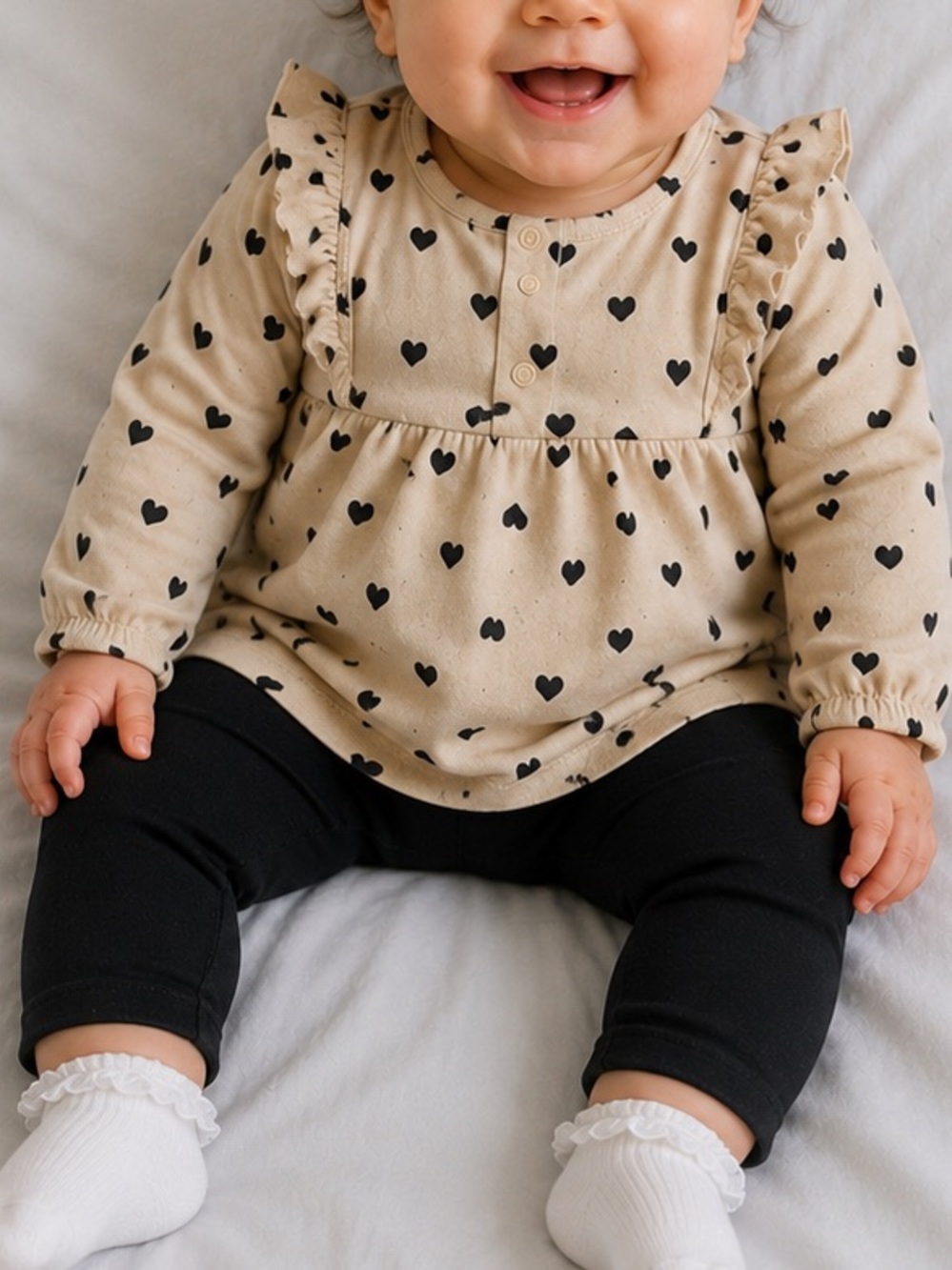 Cherokee Cream Long Sleeve Heart-Print Top with Ruffles